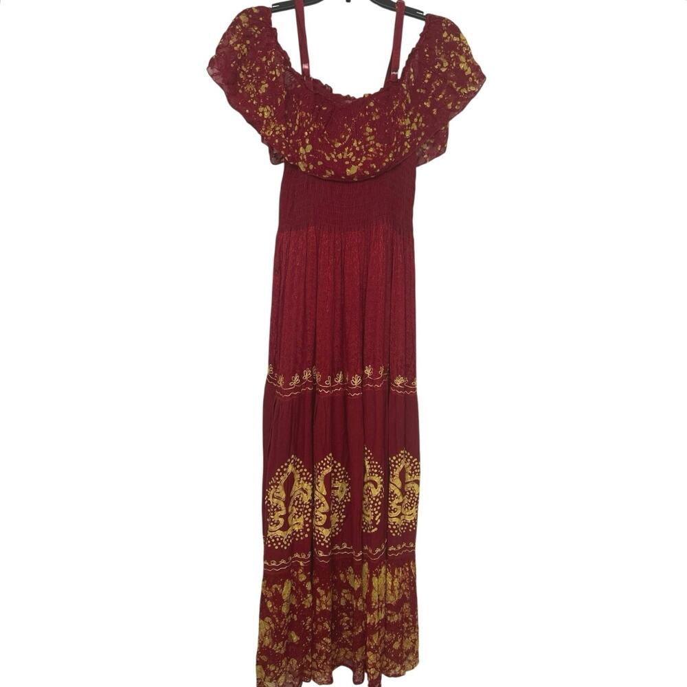 Red Gold Boho Maxi Dress Off Shoulder Smocked Festival Global Resort Flowy OS